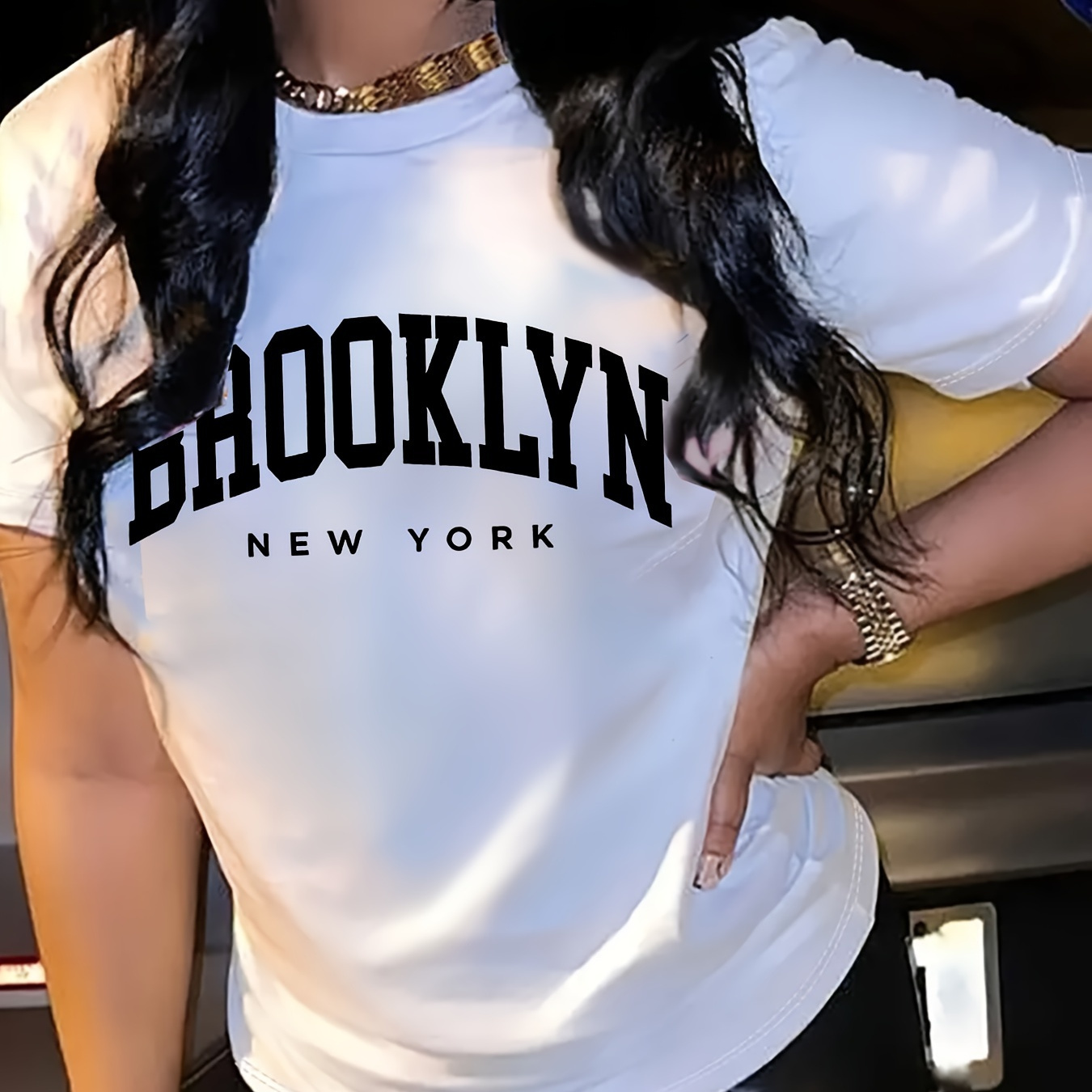 

Brooklyn Print Crew Neck T-shirt, Casual Short Sleeve Top For Spring & Summer, Women's Clothing