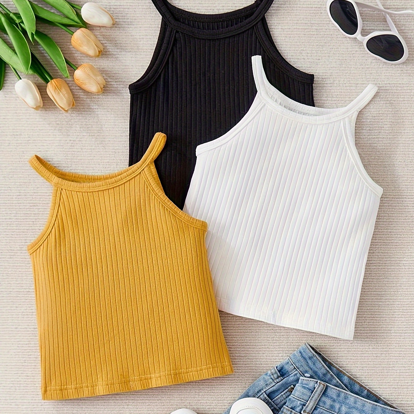 

Girls 3pcs Cotton Halter Tank Tops Rib-knit Fabric Basic Camisole For 8-12 Years Old