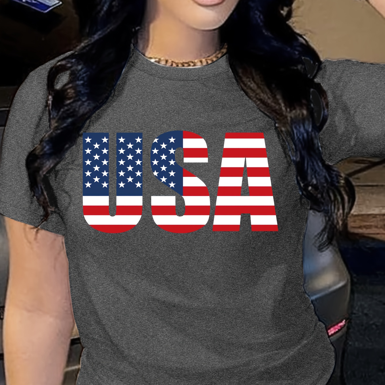 

Women's Patriotic Usa Flag T-shirt, Short Sleeve Crew Neck, Casual With Applique Detail, 95% Polyester 5% Spandex, Knit Fabric, Regular Length - Letter Print Tee