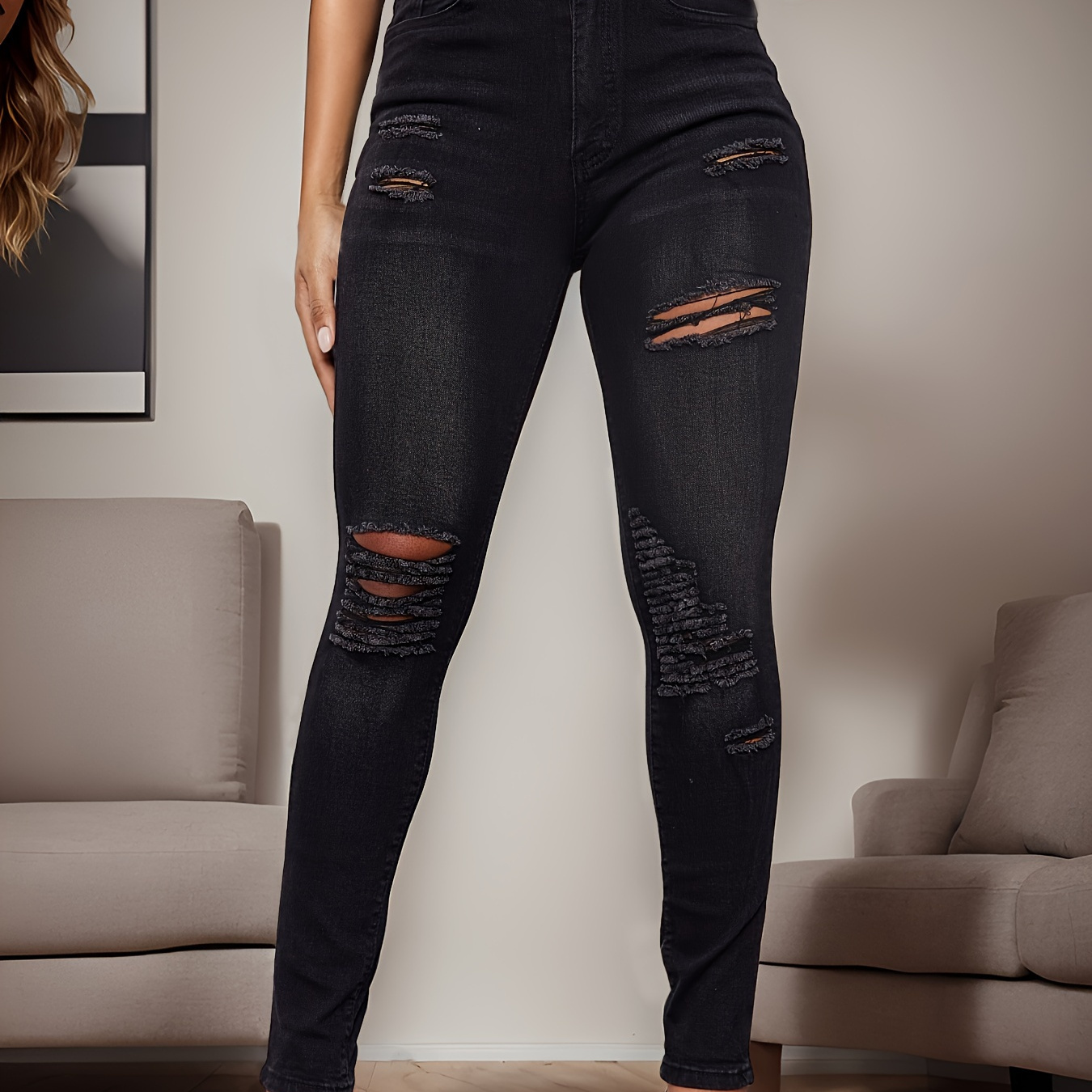 Springcmy Women High Waist Ripped Stretchy Skinny Jeans Denim