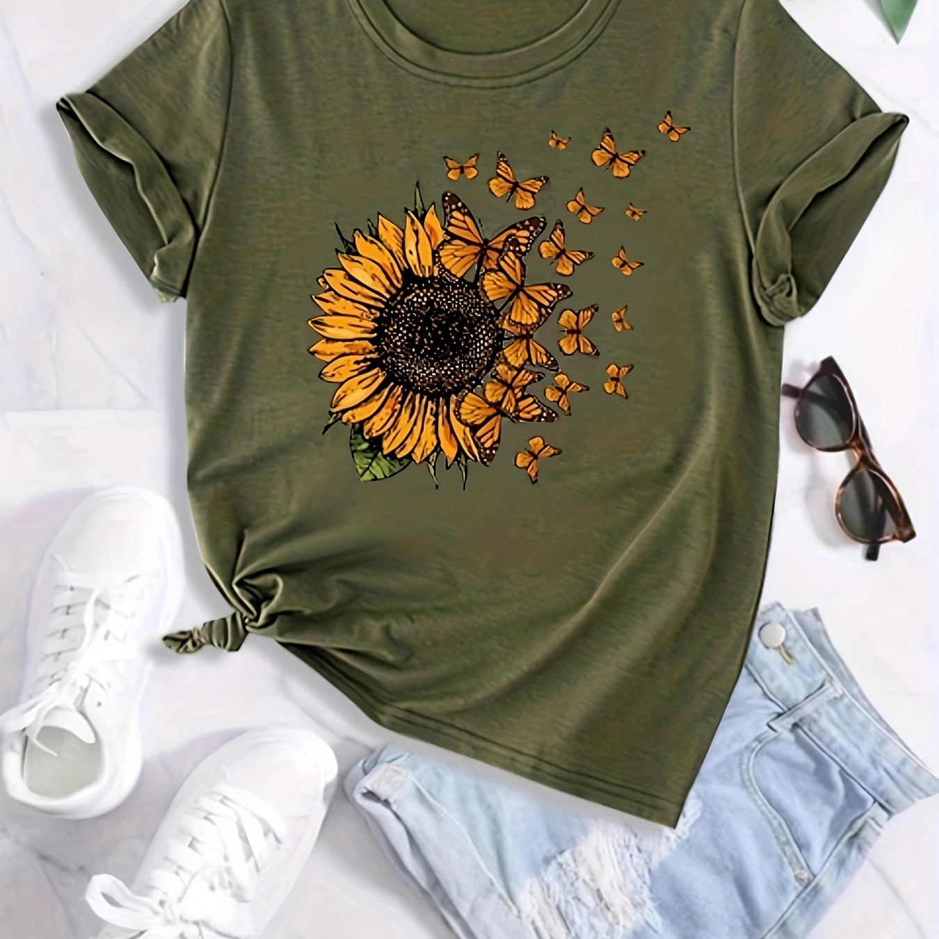 

Sunflower & Butterfly Print Tee, Short Sleeve Crew Neck Casual Top For Summer & Spring, Women's Clothing