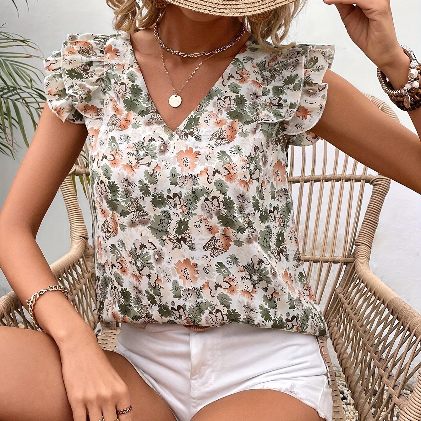 

Floral Print V-neck T-shirt, Casual Ruffle Hem Cap Sleeve T-shirt For Spring & Summer, Women's Clothing