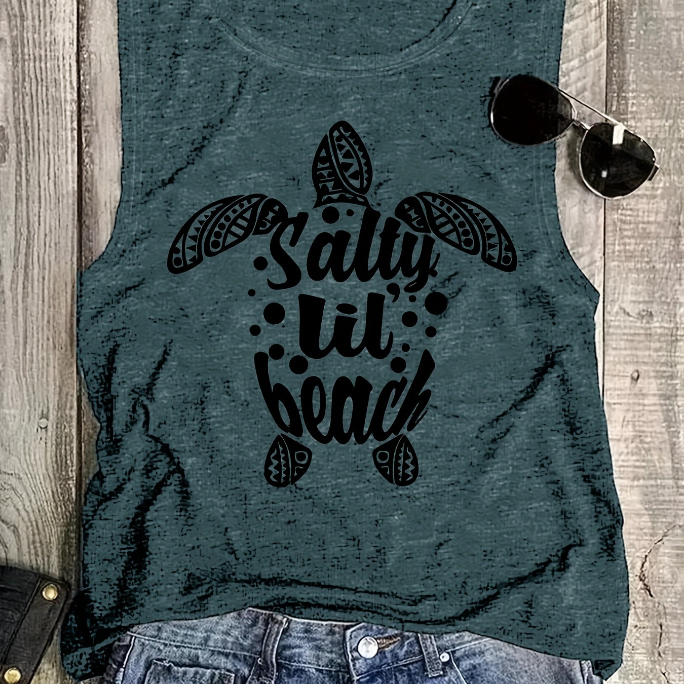 

Turtle Print Crew Neck Tank Top, Sleeveless Casual Top For Summer & Spring, Women's Clothing