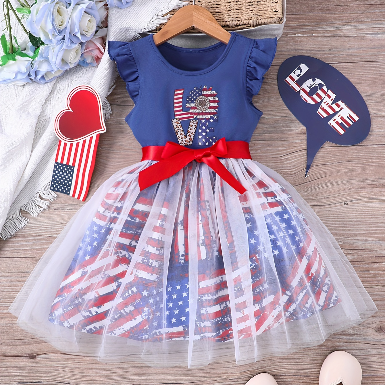 

Usa Style Girls Ruffle Sleeveless Dress Mesh Layer Comfy Breathable Holiday Casual Dresses For 4th Of July