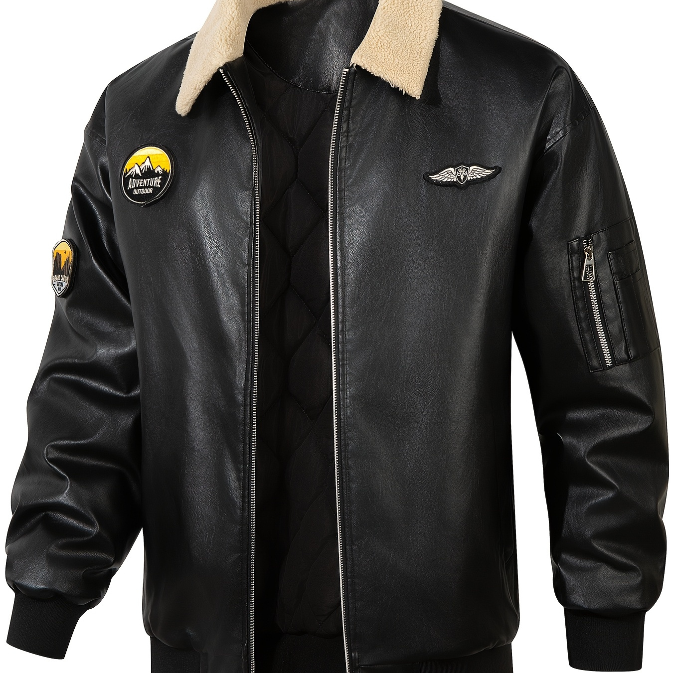 

Men's Winter Insulated Quilted Leather Jacket, Casual Collar Biker Jacket, Suitable For Outdoor Wear.