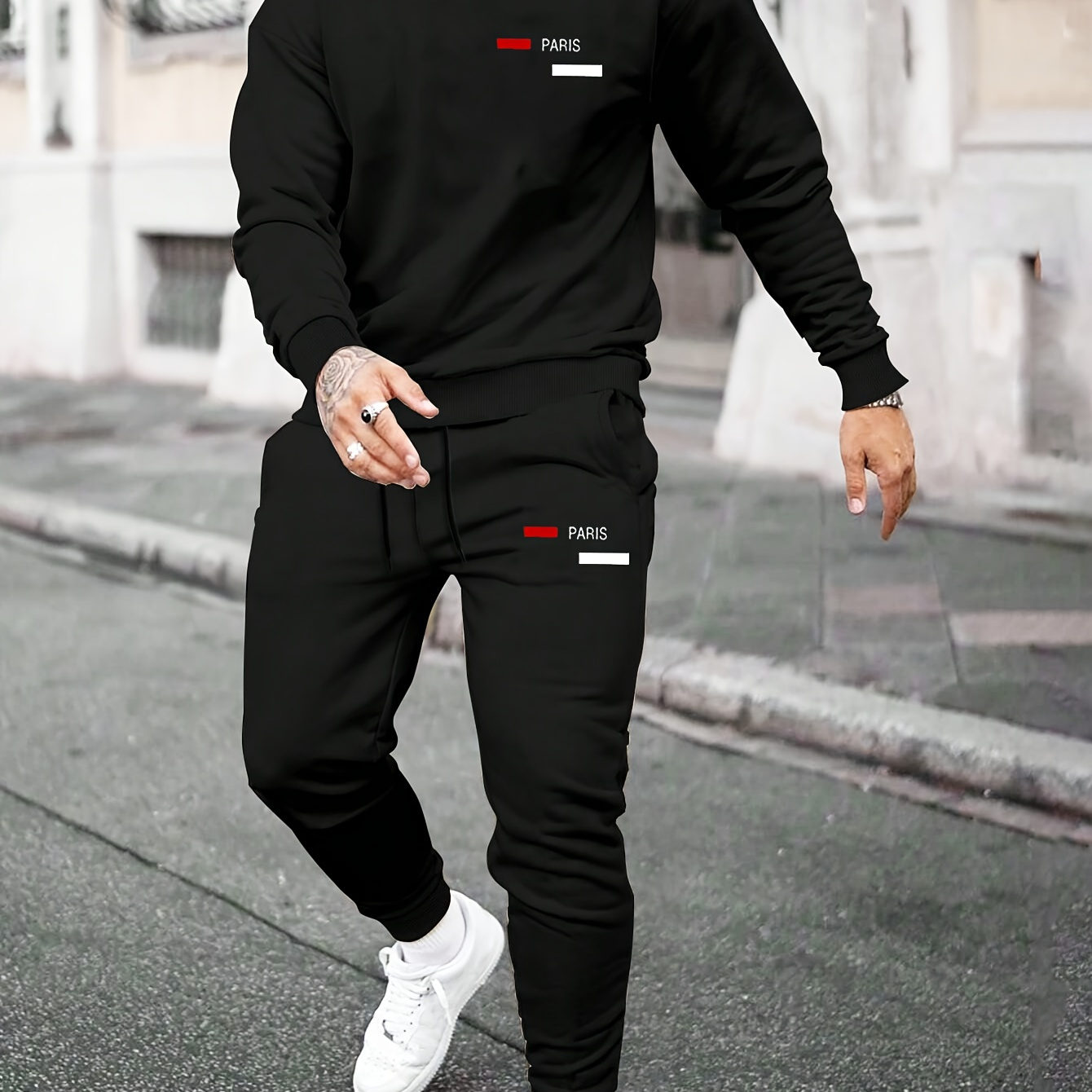 

Men's Casual Polyester Sweatsuit Set With Crew Neck And Print - Slight Stretch Knit Fabric Two-piece Outfit With Printed Sweatshirt And Joggers For Fall