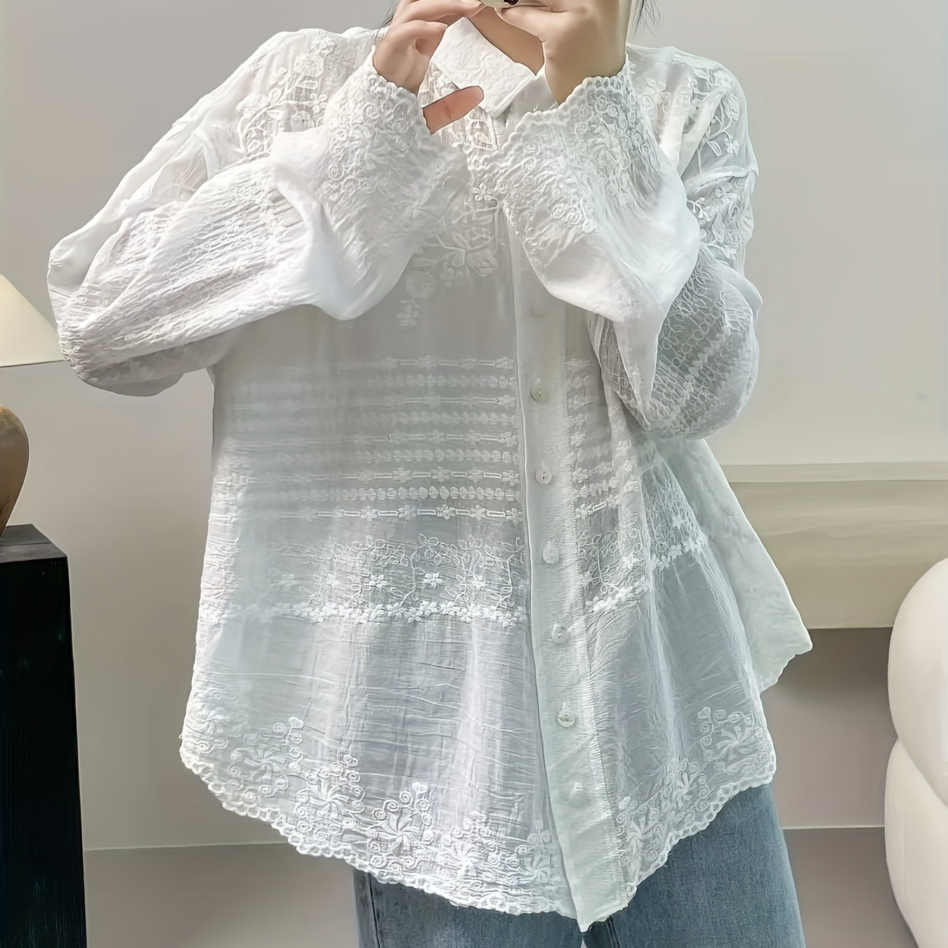 

Elegant White Lace Embroidered Button-up Cardigan - Long Sleeve, Sheer Rayon , For Women, Spring/fall Outfits, Spring Outerwear | Sheer Knitwear | Lace Texture, Lace Cardigan