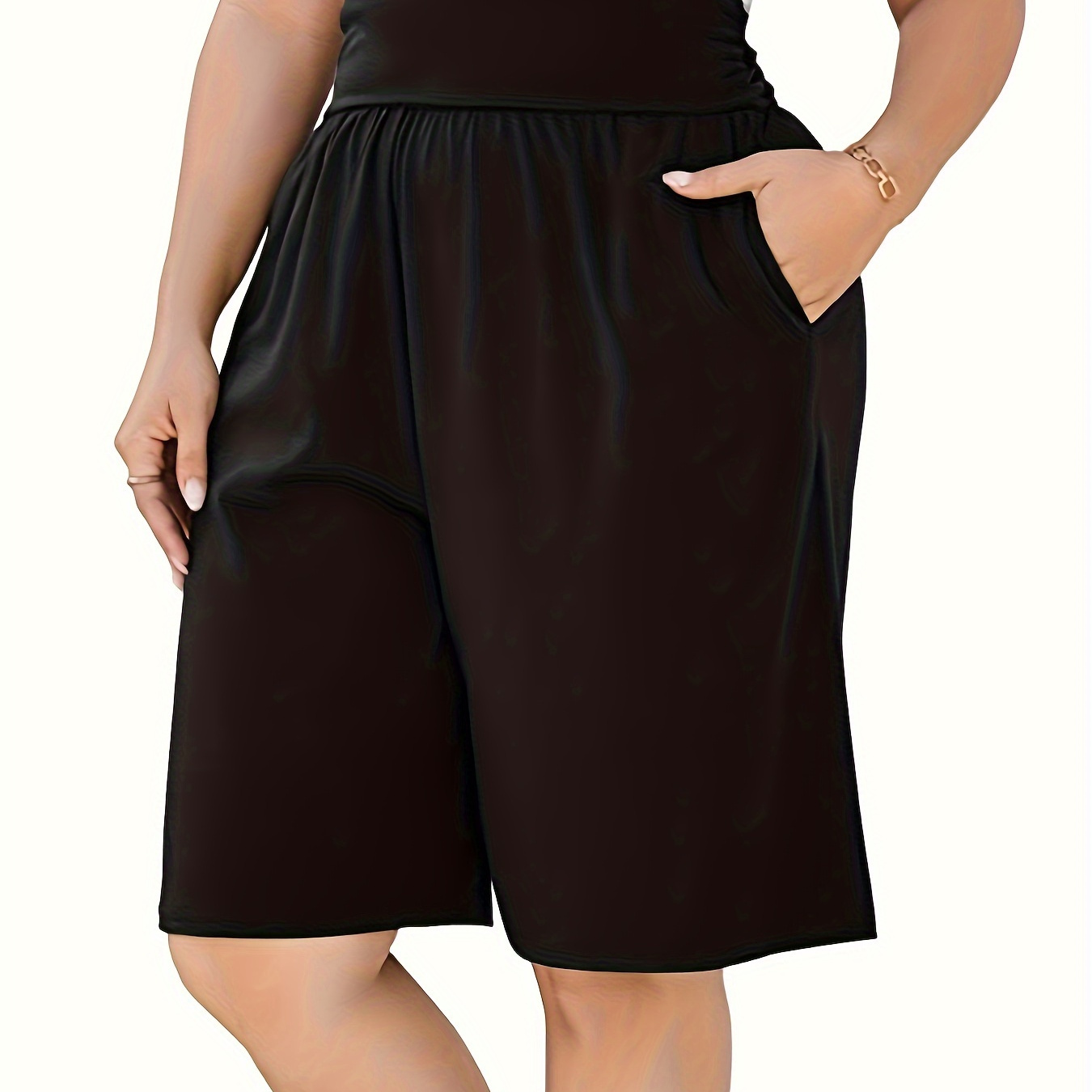 

Plus Size Solid Loose Ruched Shorts, Casual Elastic Waist Shorts For Spring & Summer, Women's Plus Size Clothing