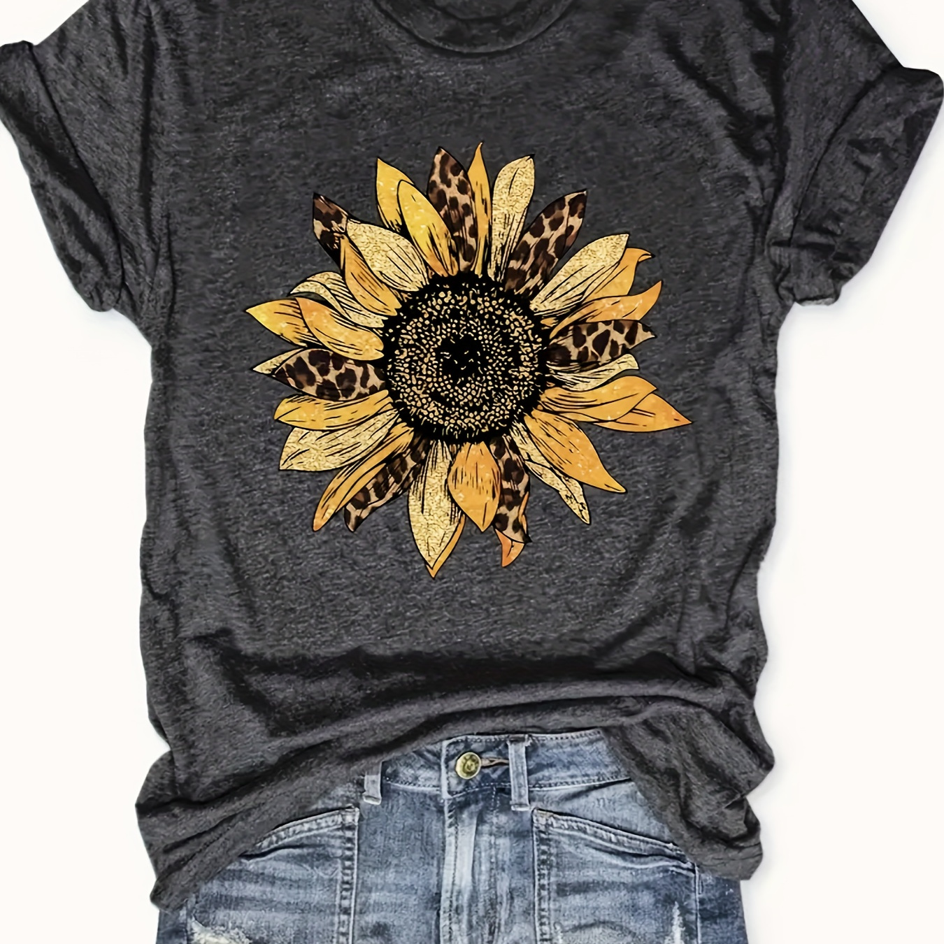 

Sunflower Neck T-shirt - Fashionable Womens T-shirt - Casual Short Sleeve Crew Neck Top - Lightweight & Breathable For