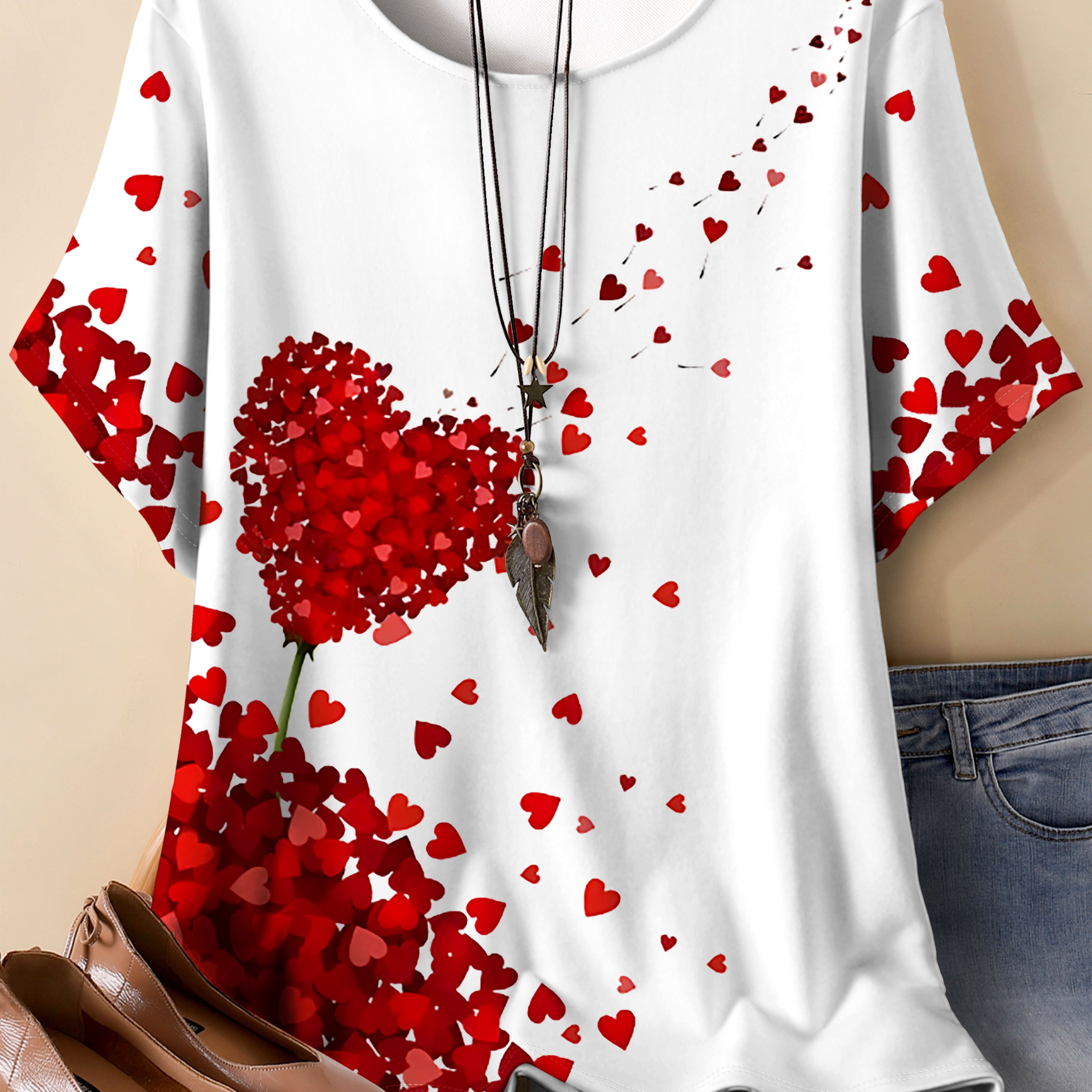 

Plus Size Heart Print T-shirt, Casual Crew Neck Short Sleeve Top For , Women's Plus Size Clothing