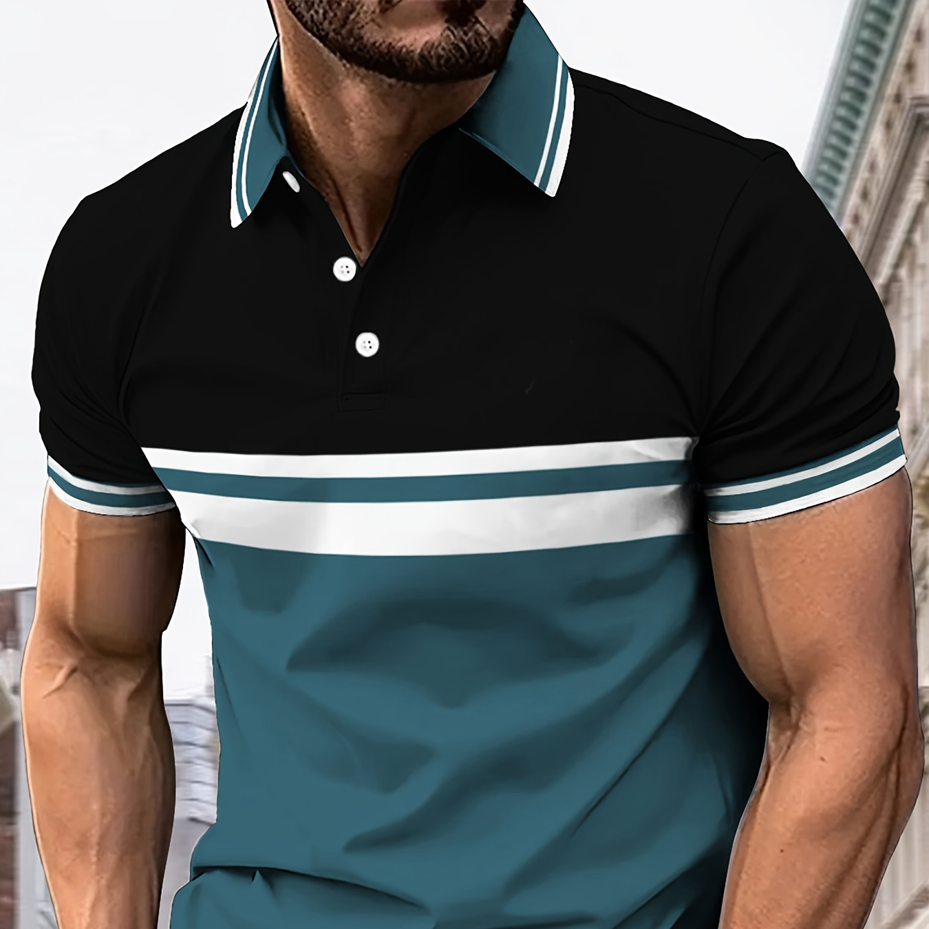 

Men's Fashion Color Block Shirt, Casual Short Sleeve Golf Shirt, Comfort Fit For Summer Sport & Casual Outings