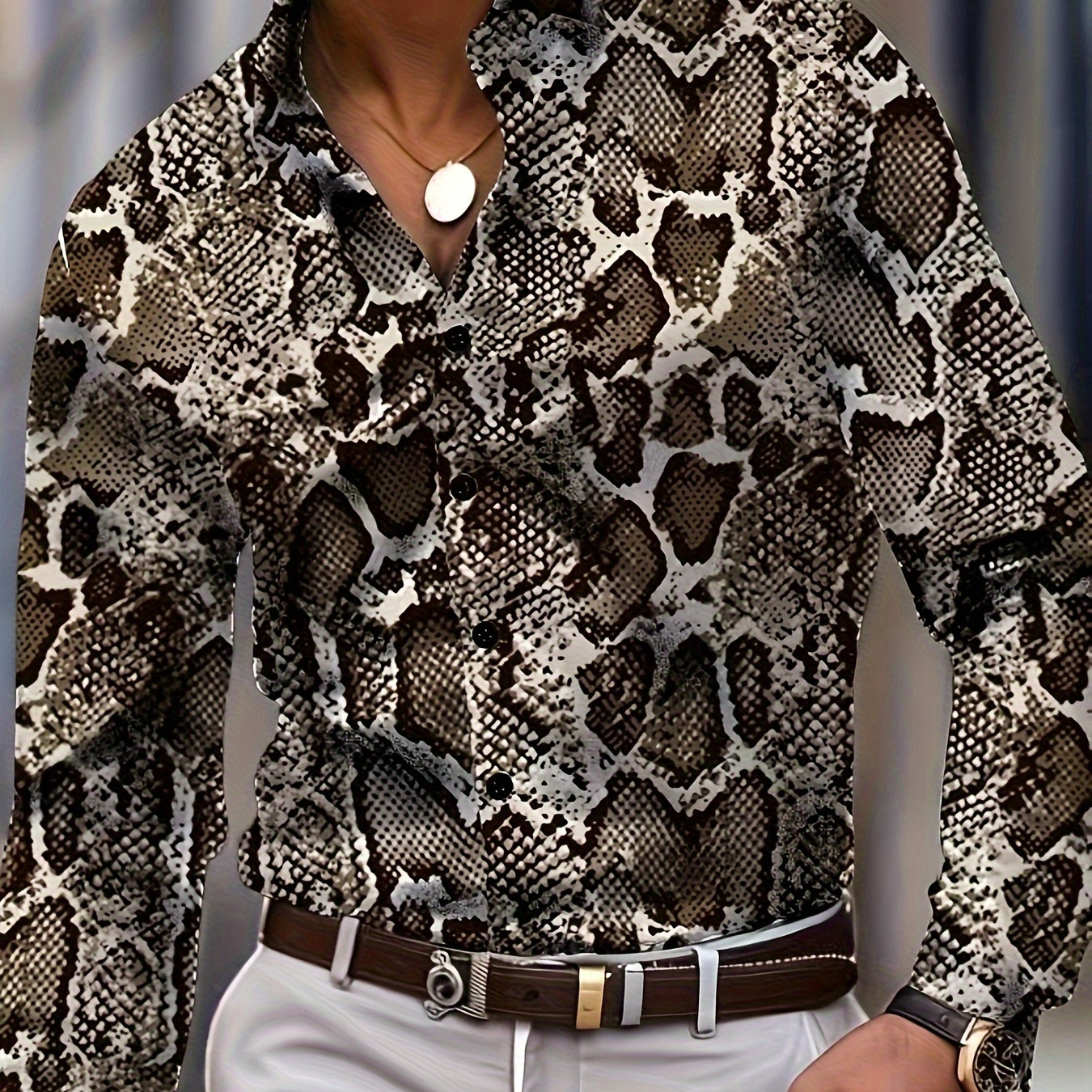 

Men' Snake Print Long Sleeve Shirt - Polyester Woven Button-down Dress Shirt With Regular Fit, Non-stretch, Spring/fall Collection