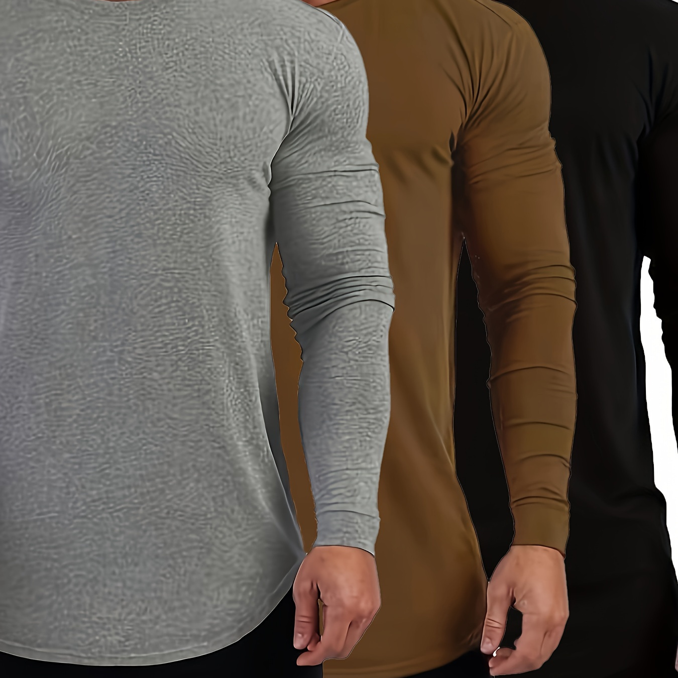 

Men's 3pcs Set Of Solid Color Long Sleeve Crew Neck T-shirts, Slim Fit Sports Tops For Spring And Fall Outerwear