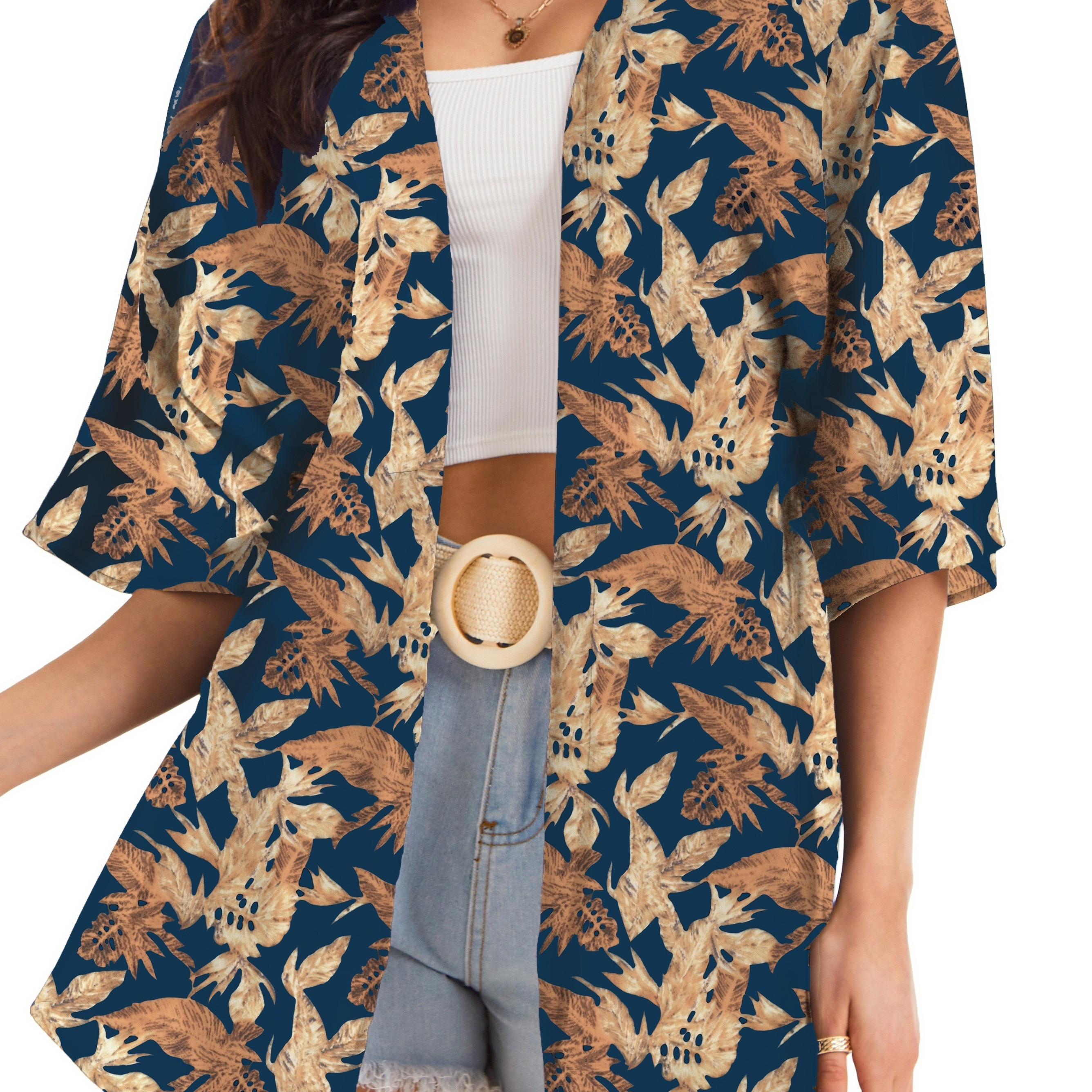 

Leaf Print Casual Cover Up, V Neck Semi-sheer Loose Fit Beach Cardigan, Women's Swimwear & Clothing