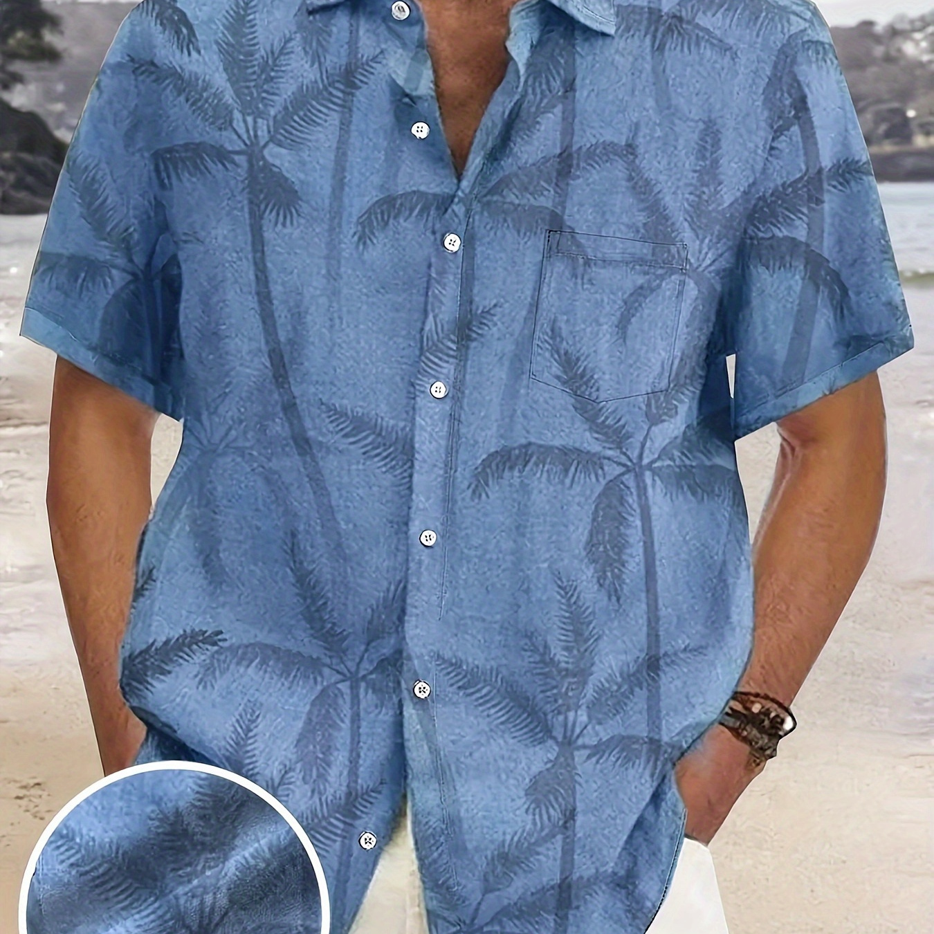 

Plus Size Men's Coconut Trees Graphic Print Shirt, Lapel Shirt For Beach Vacation, Hawaiian Shirt For Males