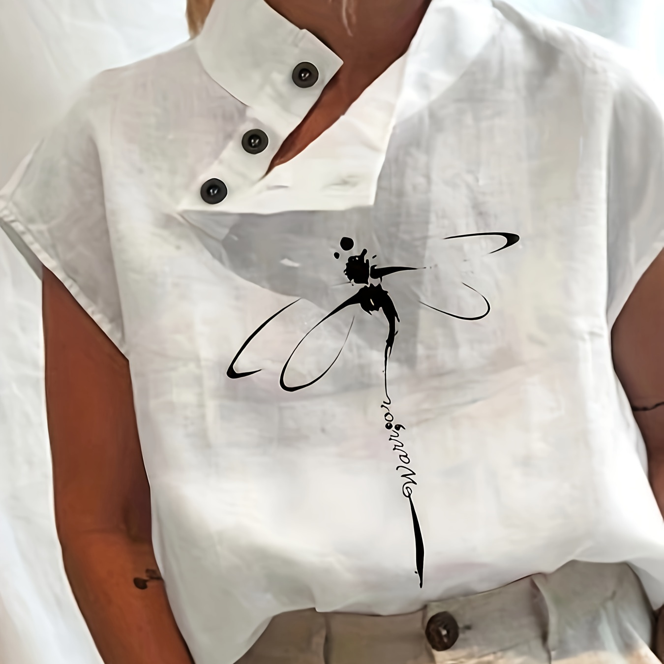 

Dragonfly Print Button Front Blouse, Elegant Short Sleeve Mock Neck Asymmetric Blouse, Women's Clothing