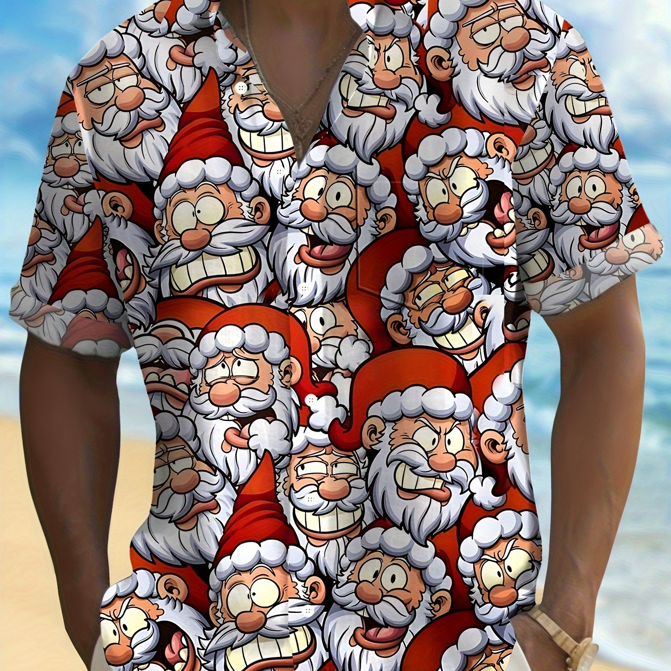 

Vintage Santa Claus Digital Print Men's Lapel Short Sleeve Shirt, Comfortable Soft Relaxed Fit For Men Casual Wearing And Outdoor