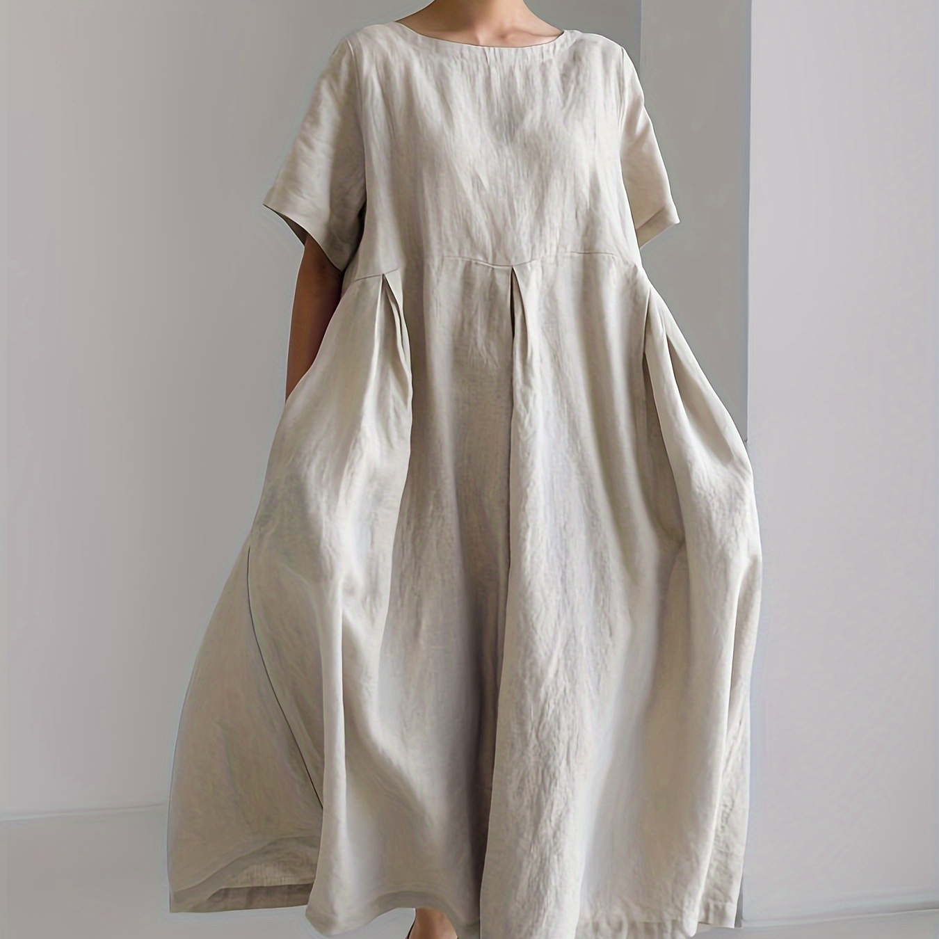 

Robe décontractée à col rond et double poche, robe simple et unie à manches courtes pour le printemps et l'été, vêtements pour femmes