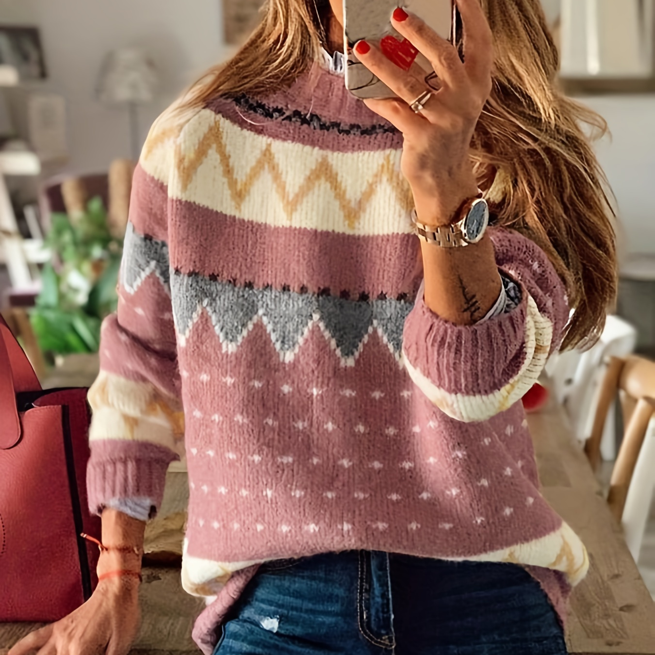 

Graphic Pattern Mock Neck Sweater, Casual Long Sleeve Sweater For Fall & Winter, Women's Clothing