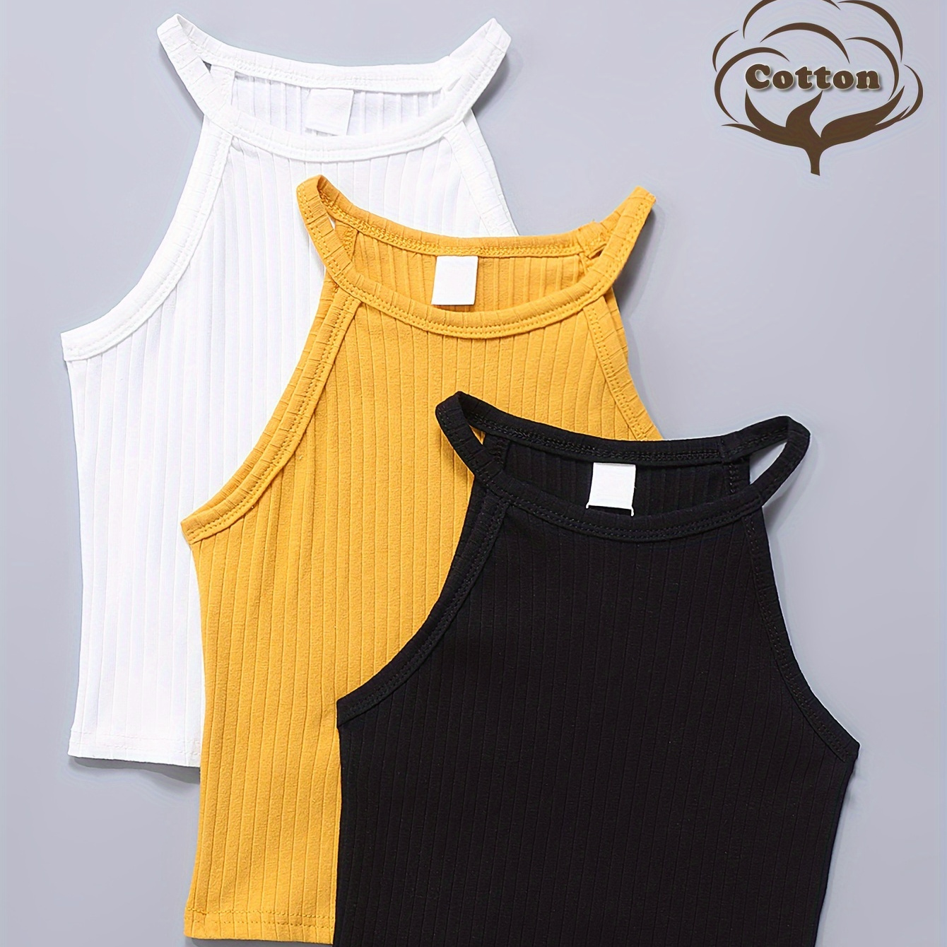 

3pcs Girls' Cotton Ribbed Tank Tops, Sleeveless, Casual Sports Cropped Vest, Fashionable Outfits For Pre-teen/teen Girls, White/yellow/black, Comfort Fit