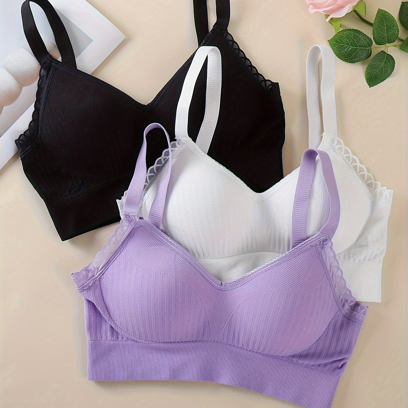 

3pcs Elegant Lace-trimmed Wireless Bras For Women - Comfortable & Breathable, Full Coverage With Thin Straps In Black, White, & Purple, Non-padded