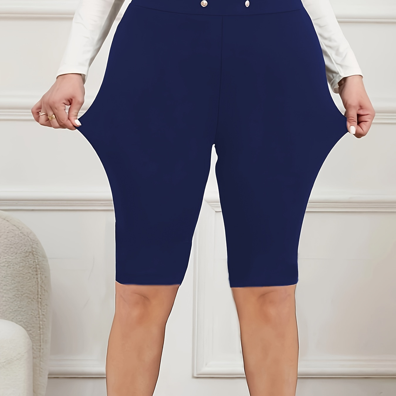 

Fake Buttons High Waist Shorts, Elegant Skinny Knee Length Shorts For Spring & Summer, Women's Clothing