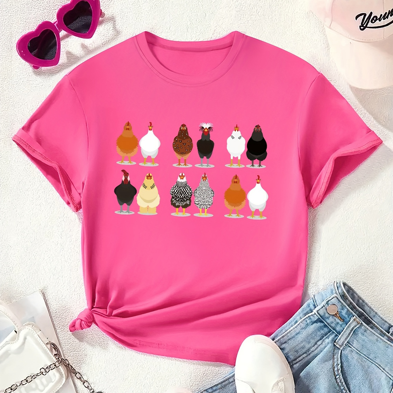 

Chicken Print Girls Creative T-shirt, Casual Lightweight Comfy Short Sleeve Crew Neck Tee Tops, Kids Clothings For Summer