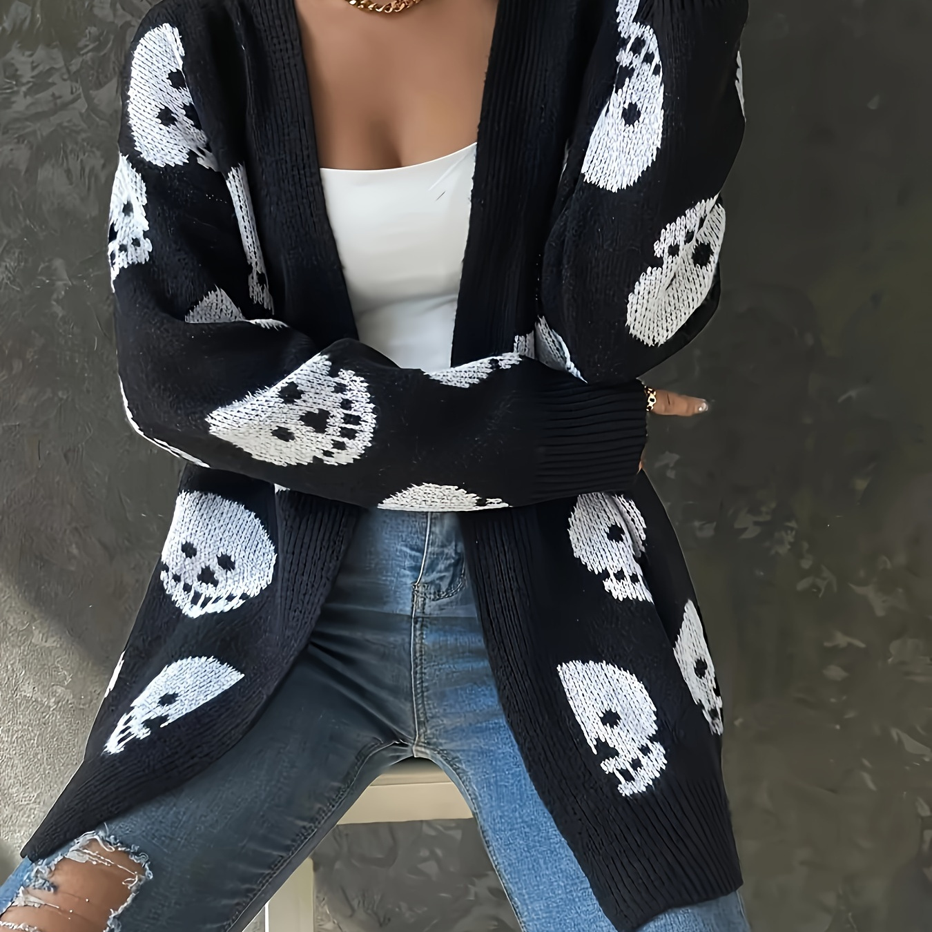 

Plus Size Skull Pattern Knit Cardigan - Casual Elegant Acrylic Cardigan Collar Sweater With Long Sleeves For Fall/winter, Regular Length, Medium Stretch, Motif