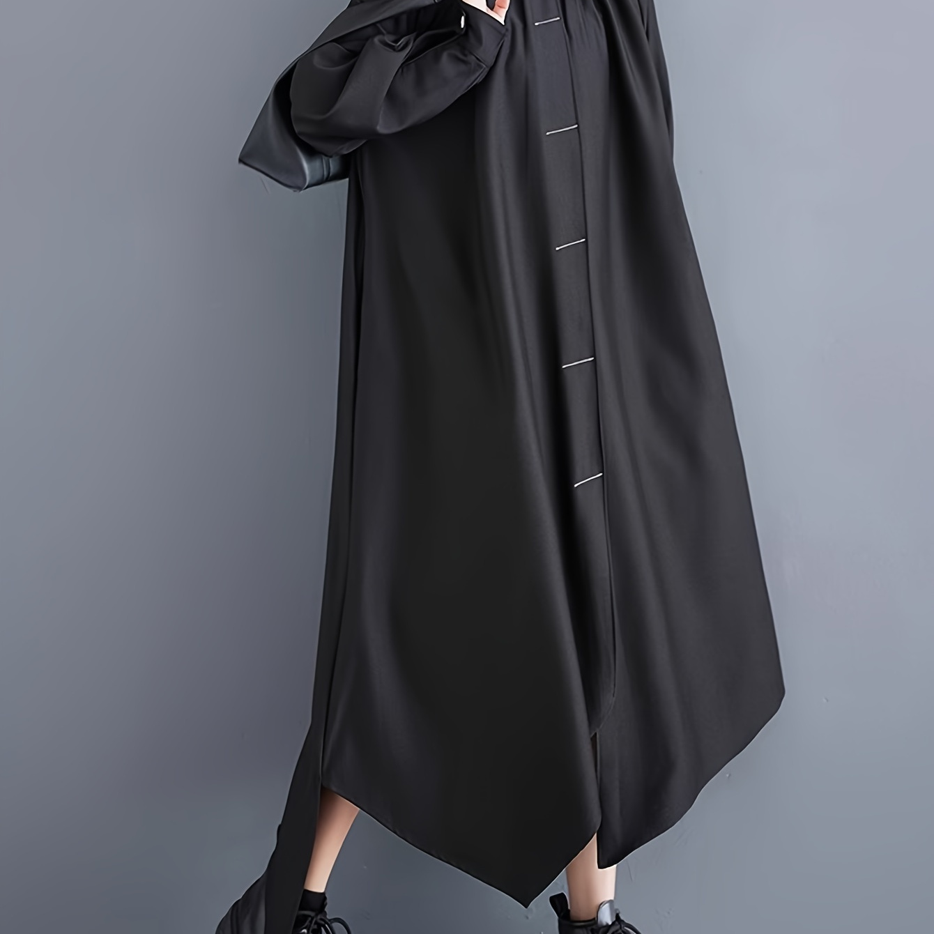 

Trim Button Front Dress, Casual Long Sleeve Asymmetrical Hem Dress For Spring & Fall, Women's Clothing