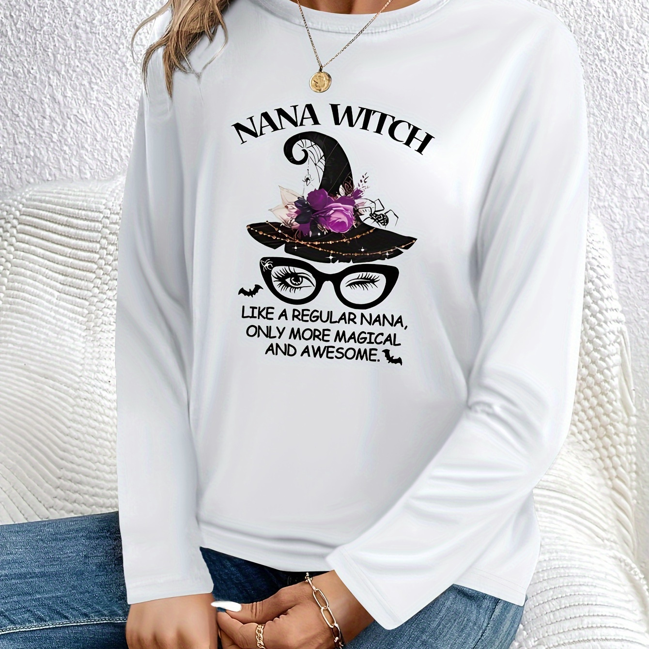 

& Letter Print Crew Neck T-shirt, Long Sleeve T-shirt For Spring & Fall, Women's Clothing