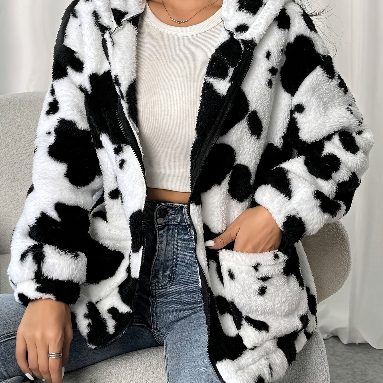 

Print Women's Hooded Jacket With Cow - Cozy Fleece, Zip-up, Long Sleeve Outerwear For Fall & Winter, Women's, Autumn Winter, Hoodie, Print, Elegant