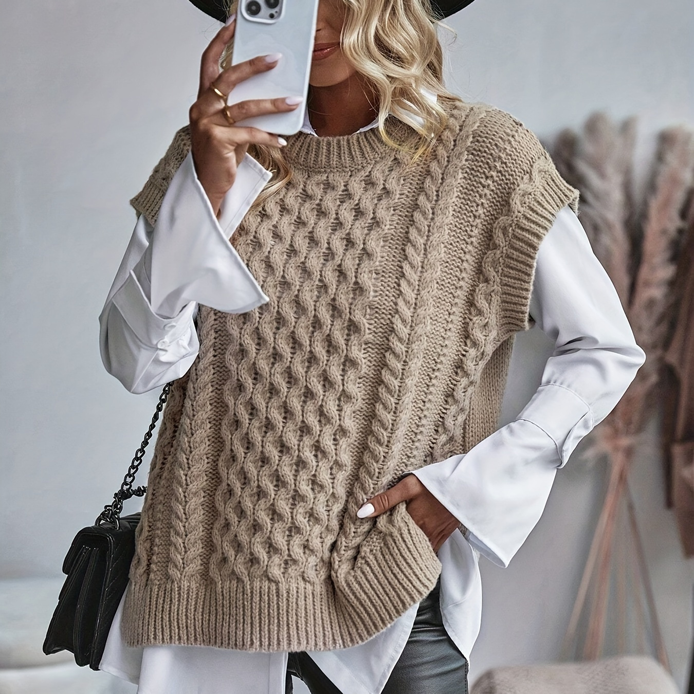 

Solid Color Cable Knit Knitted Vest, Casual Sleeveless Crew Neck Split Hem Top, Women's Clothing