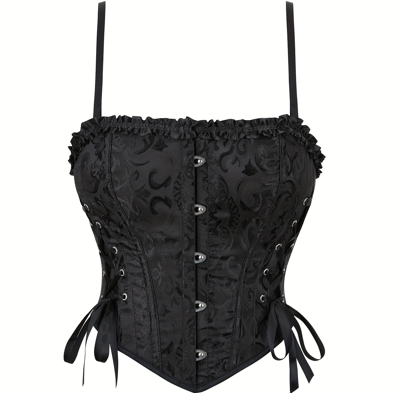 

Women's Sexy Black Color Plain Frilled Trim Corset With Thin Straps And Ribbon Lace-up Sides, Waist Cincher, Bustier Crop Top For Outerwear