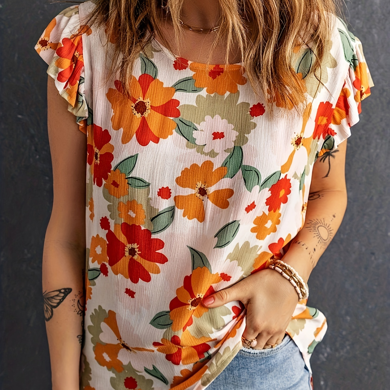 

Floral Print Ruffle Hem Blouse, Casual Crew Neck Blouse For Spring & Summer, Women's Clothing