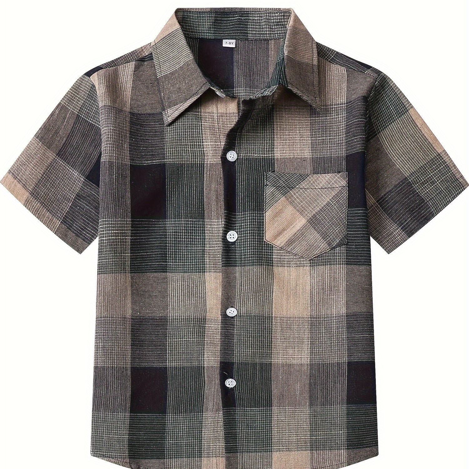 

Boys Plaid Casual Button Down Lapel Shirt, Short Sleeve Comfy Summer Top Shirt