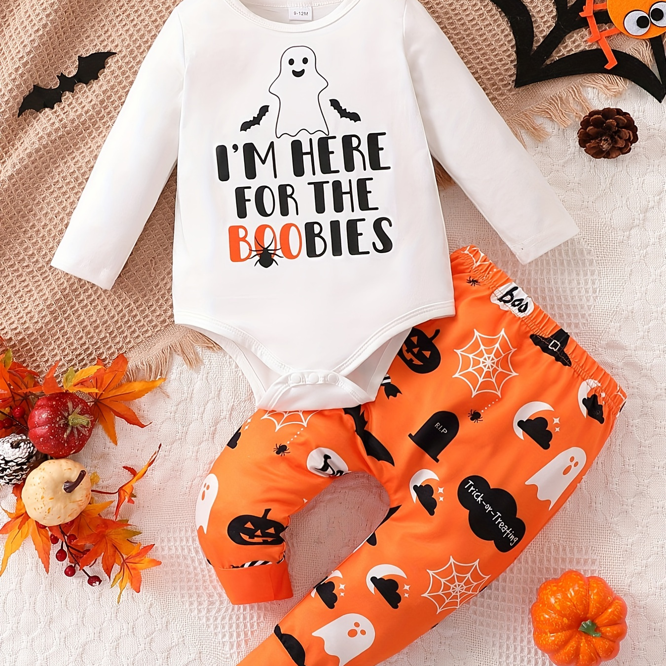 

2pcs Toddler Boys And Girls Halloween Cute Ghost Print Outfit - Long-sleeved Bodysuit Top + Footed Trousers Set For Party Casual Clothes