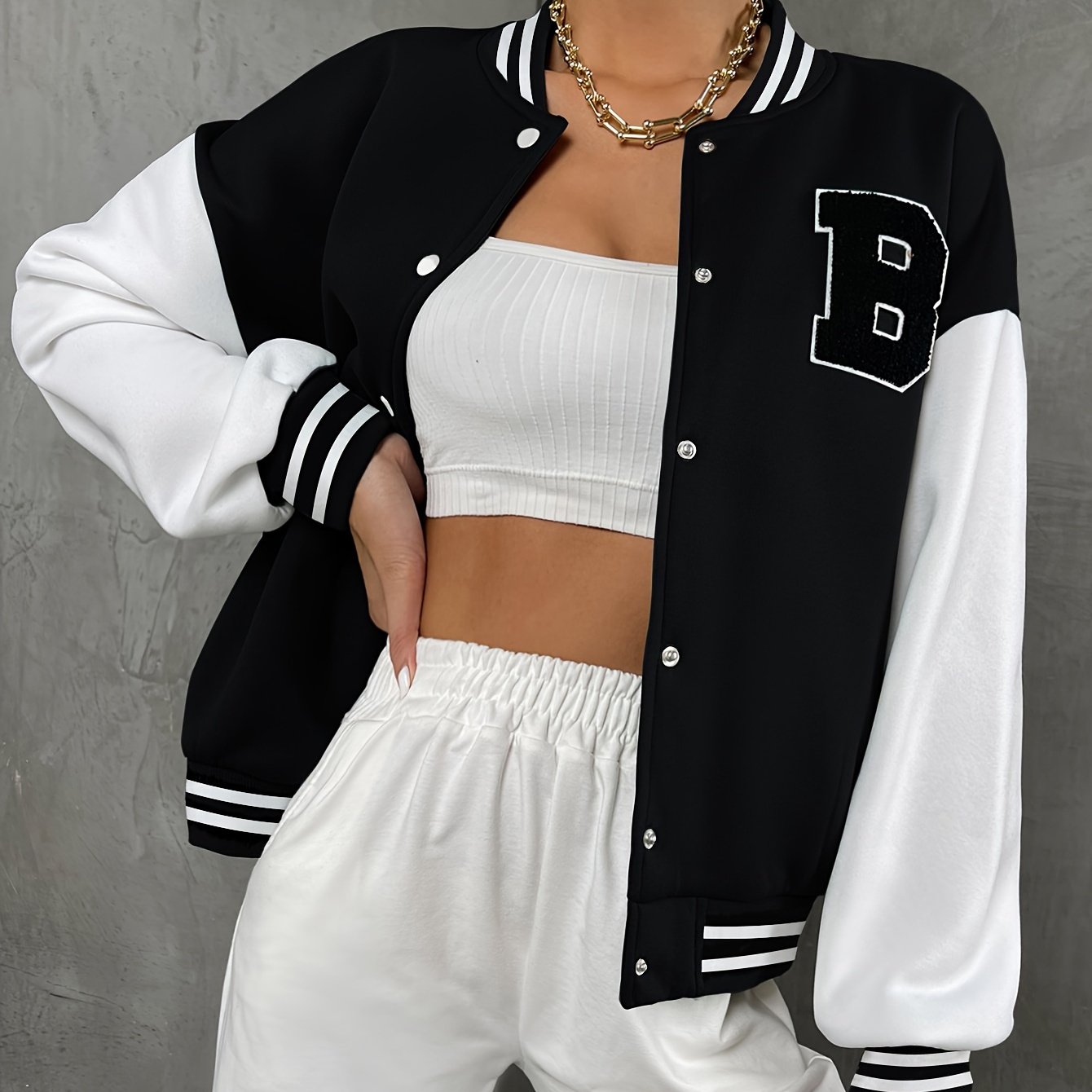 

Letter Pattern Bomber Jacket, Casual Button Front Color Block Long Sleeve Jacket, Women's Clothing