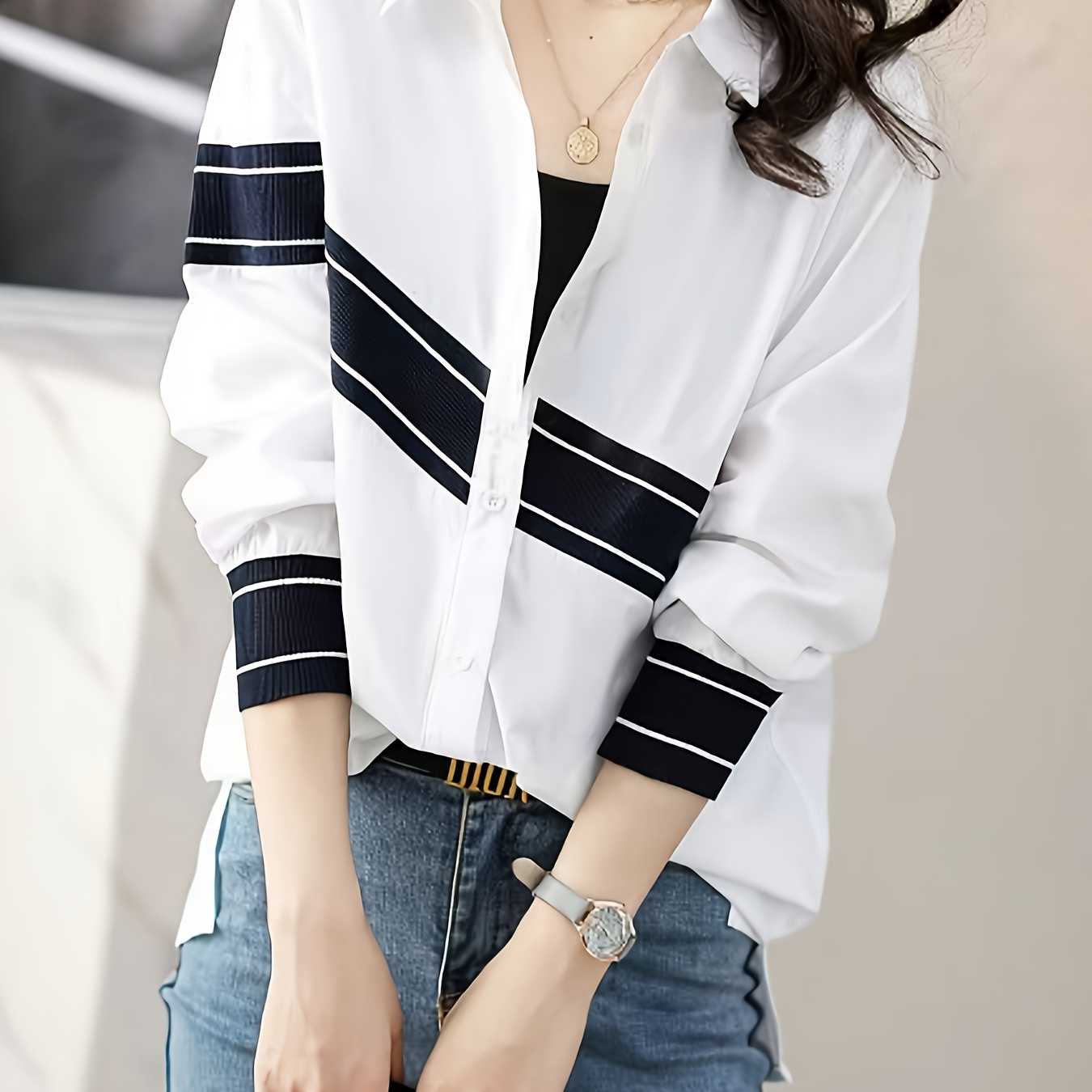 

Contrast Trim Single Button Shirt, Versatile Long Sleeve Shirt For Spring & Fall, Women's Clothing