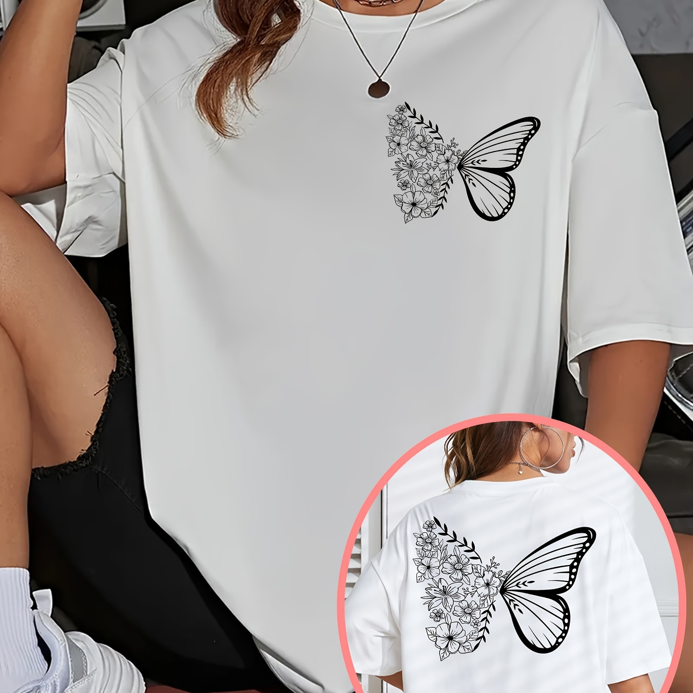 

Floral & Butterfly Print Drop Shoulder T-shirt, Short Sleeve Crew Neck Casual Top For Spring & Summer, Women's Clothing