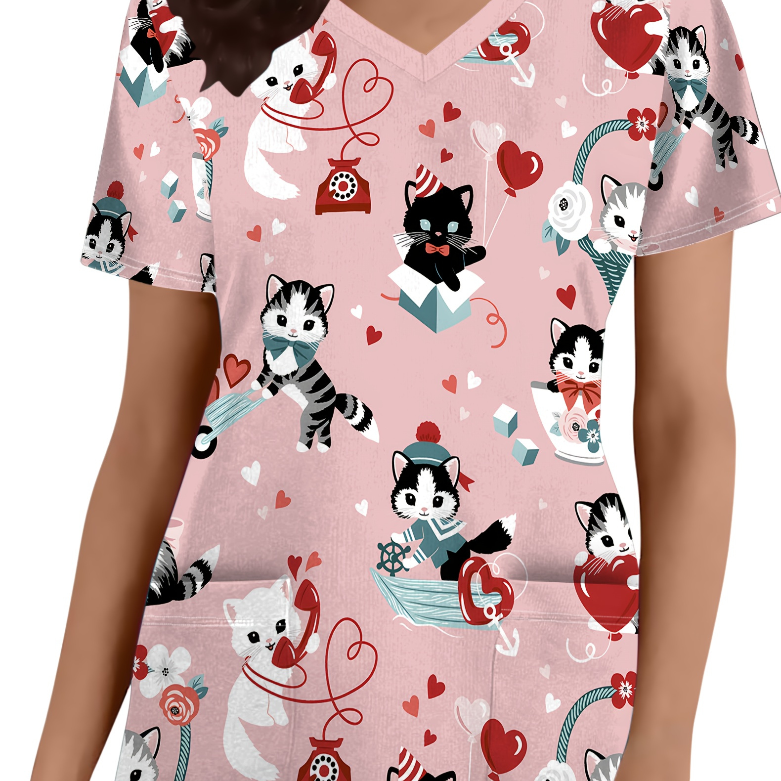 

& Heart Print V-neck Nurse Scrub Top With Pockets - Comfortable Polyester, Machine Washable - Elegant Women's Uniform, Short Sleeve, , New Model, Elegant Style, Conventional Version, All//all