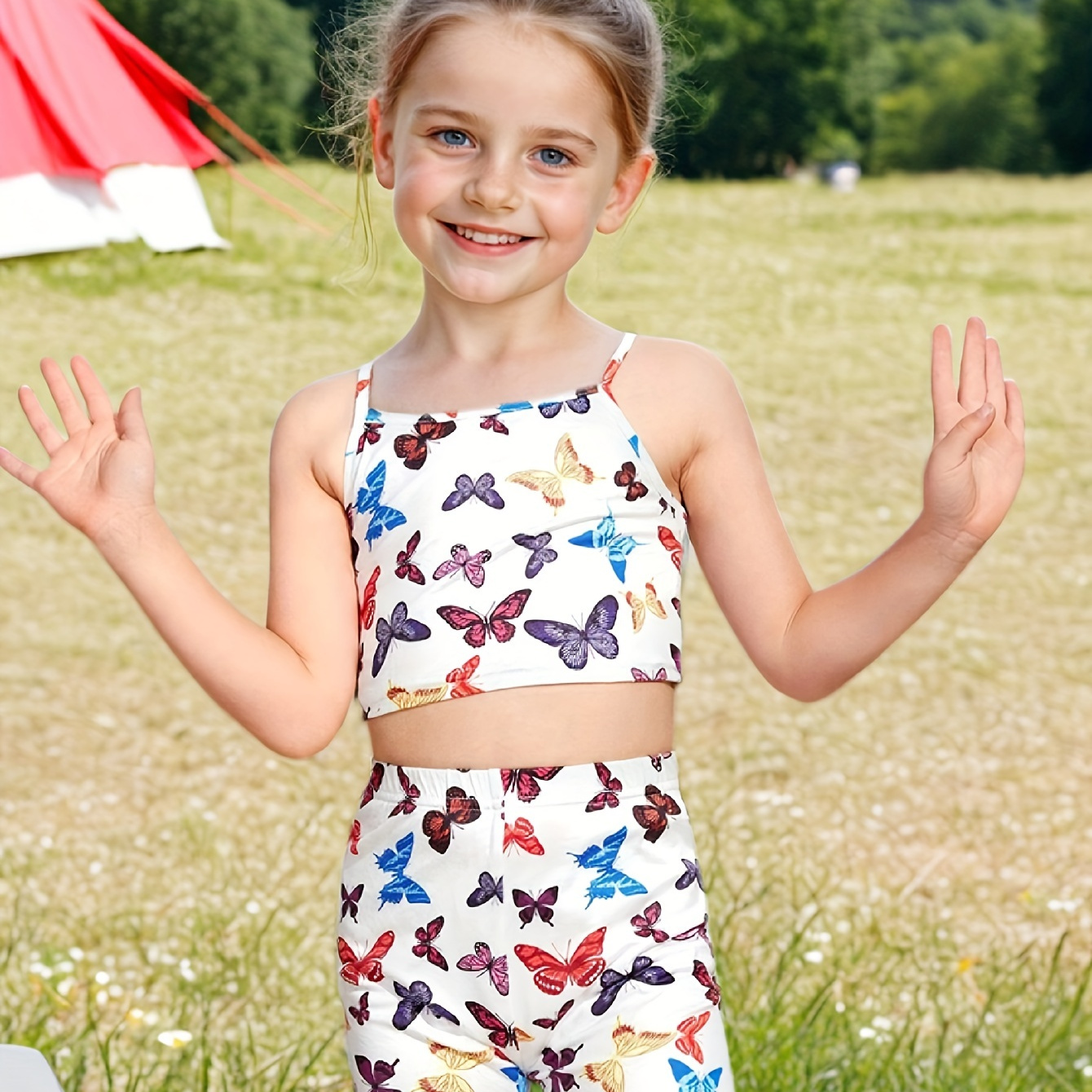 

Butterfly Print Girls Outfit 2 Pcs Cami Top + Shorts Set - Versatile Comfy For Outdoor Casual Wear, As Gift