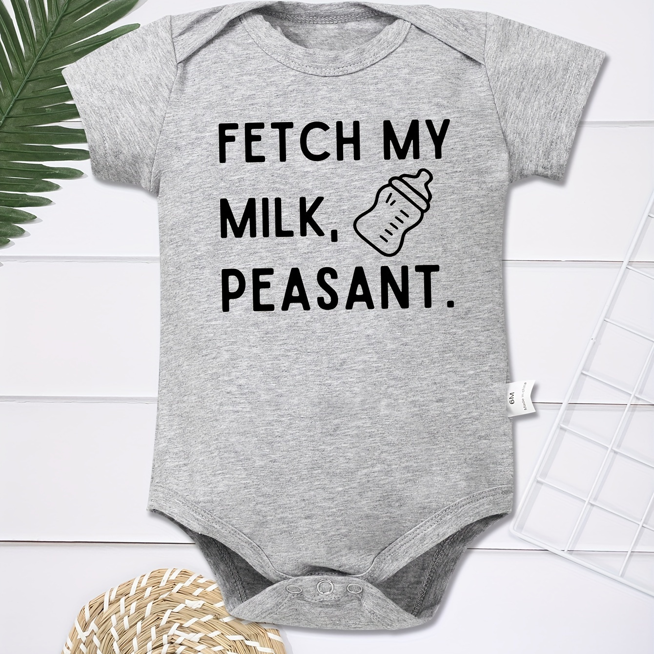 

Baby Onesies Letter Print & Milk Bottle Pattern Print Soft Comfortable Versatile Round Neck Bodysuit For Infants