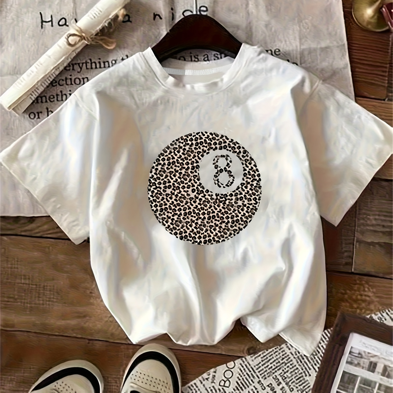 1pc Y2K Women's Graphic T-Shirt - Leopard Print Number 8 Ball Design, Casual Short Sleeve Round Neck Tee, All-Season Comfort, Birthday & Holiday Gift for Women & Teens, Ladies T Shirts, Casual Attire, Fashionforward Look, Smooth Texture Fabric, Trendy Outfit, Playful Design, Breathable Material, Stylish Top, Clothing