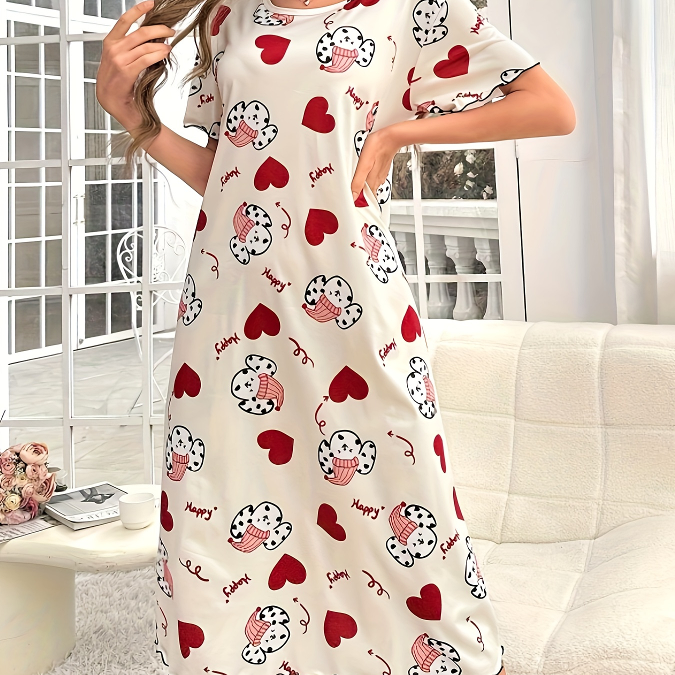 

Women's Short Sleeve T-shirt Nightgown, Casual Spotted Puppy And Heart Print, Comfortable Sleepwear Dress