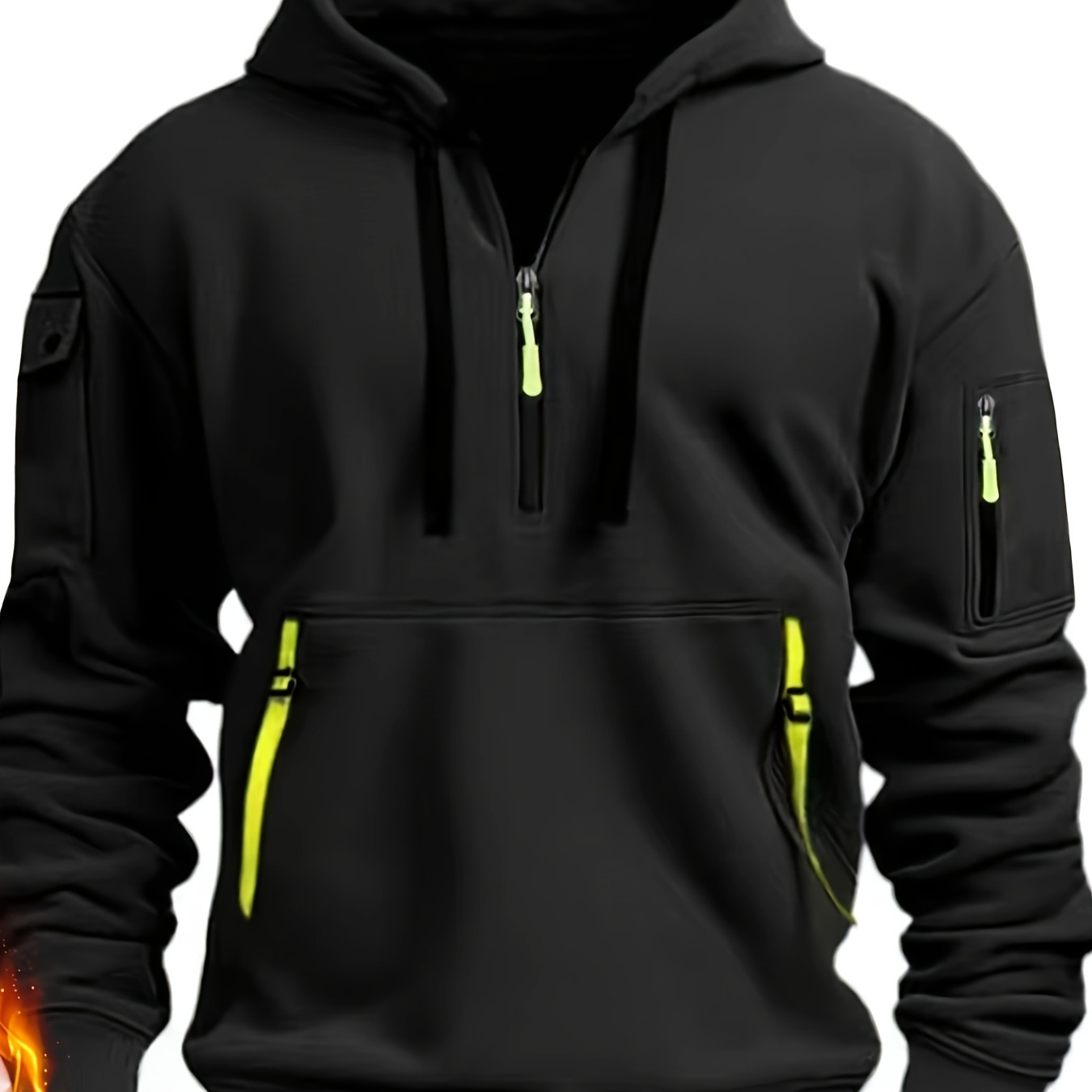 

Men's Casual Fleece-lined Hoodie With Multiple Zipper Pockets - V-neck Pullover For Fall & Winter, Plus Size