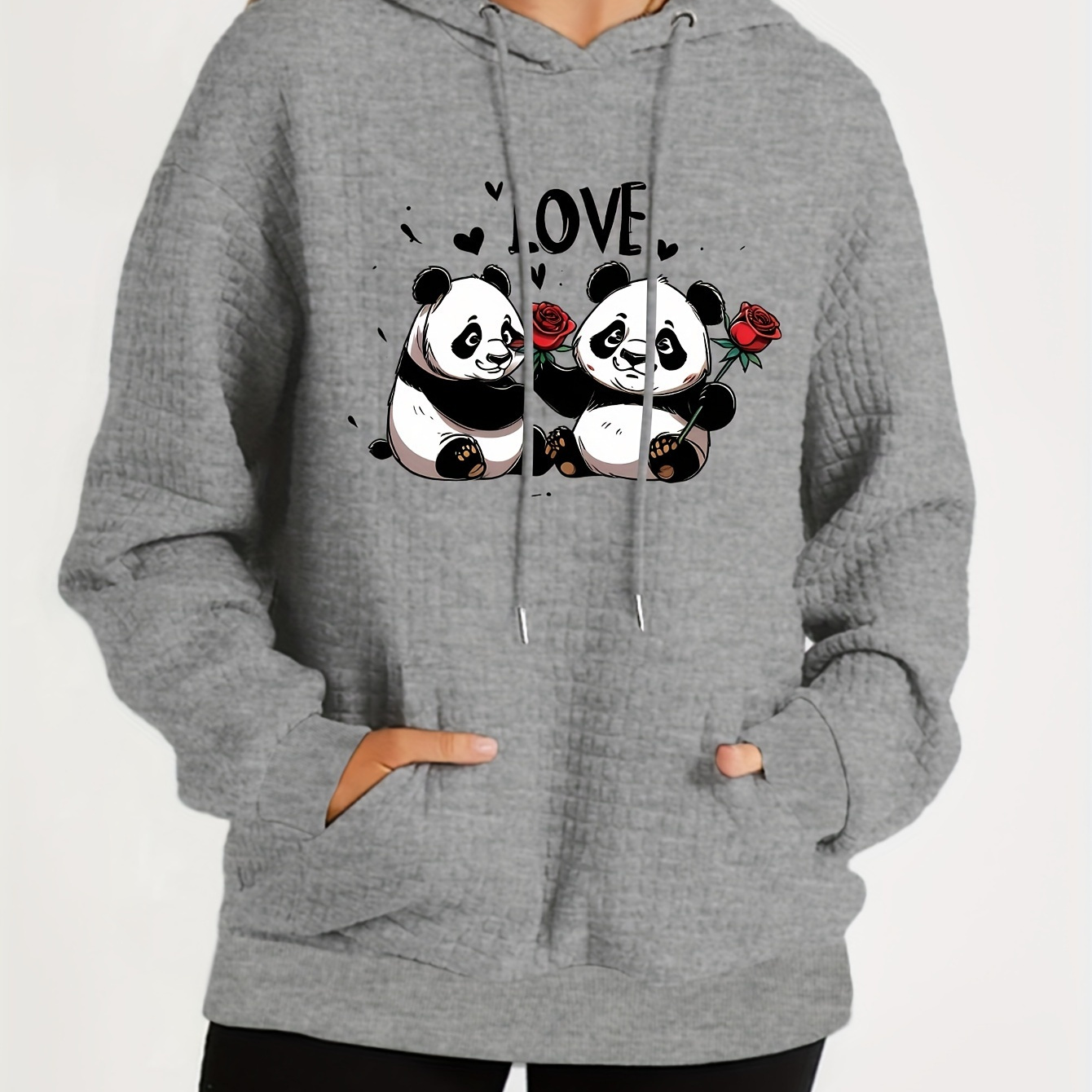 

Sweat à capuche imprimé panda de taille plus, sweat à capuche décontracté à manches longues avec cordon de serrage, vêtements de taille plus pour femmes