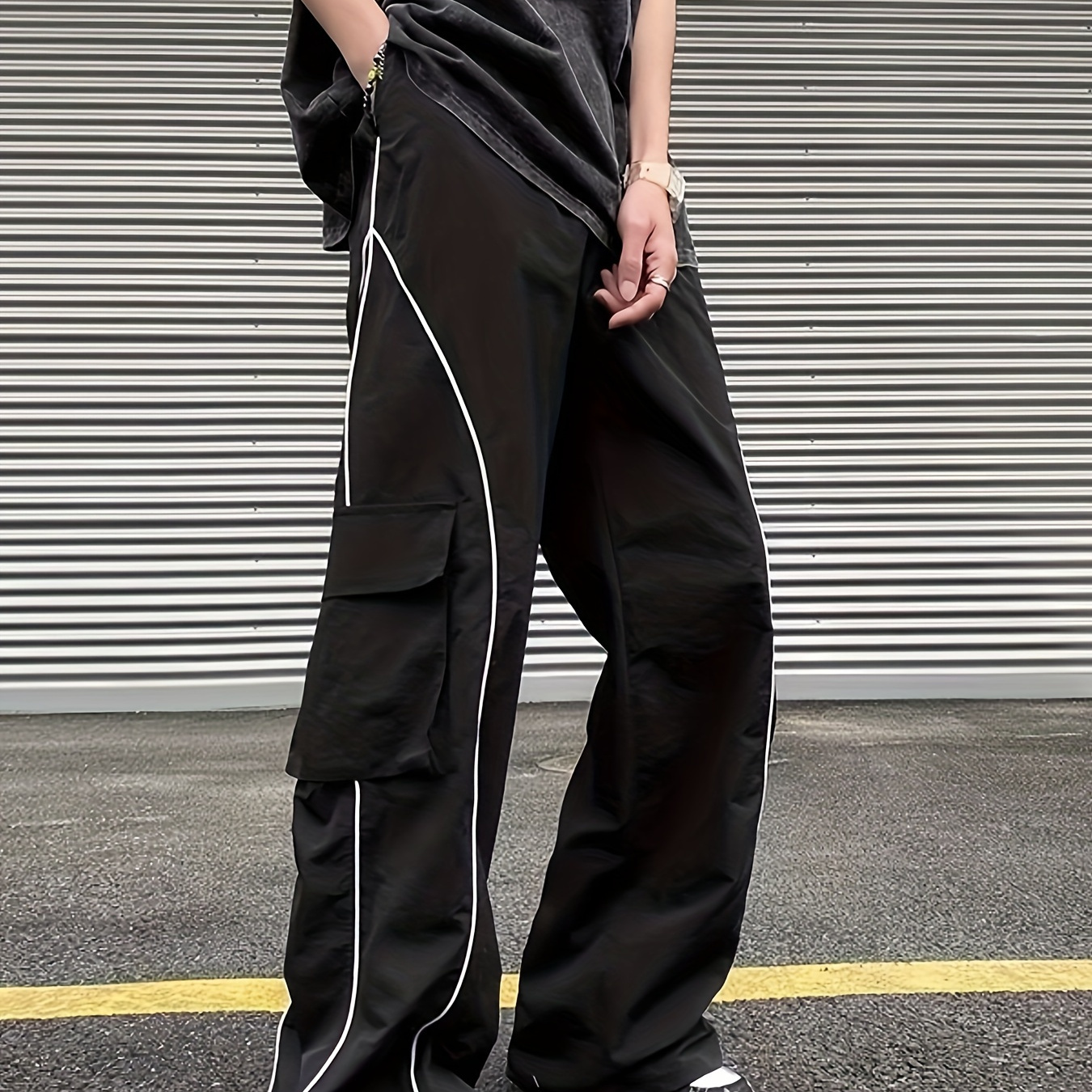 

Spring Fall Men's Fashion Lines Design Contrast Color Loose Long Pants With Pockets, Men's Streetwear