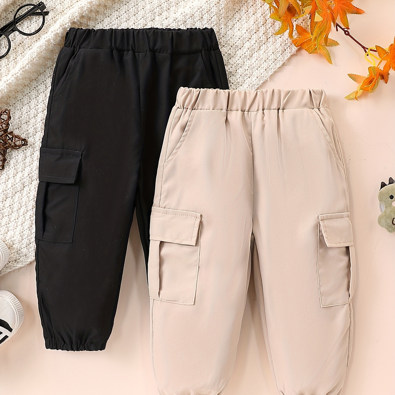 

2pcs Baby Boy's Casual Cargo Pants With Elastic Waist And Ankle Cuffs, Stylish Trousers With Pockets