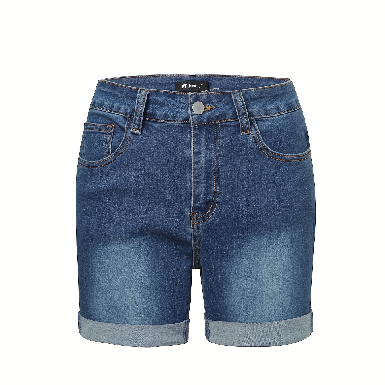

Blue Rolled Hem Denim Shorts, Slim Fit Slash Pockets Versatile Short Denim Pants, Women's Denim Jeans & Clothing