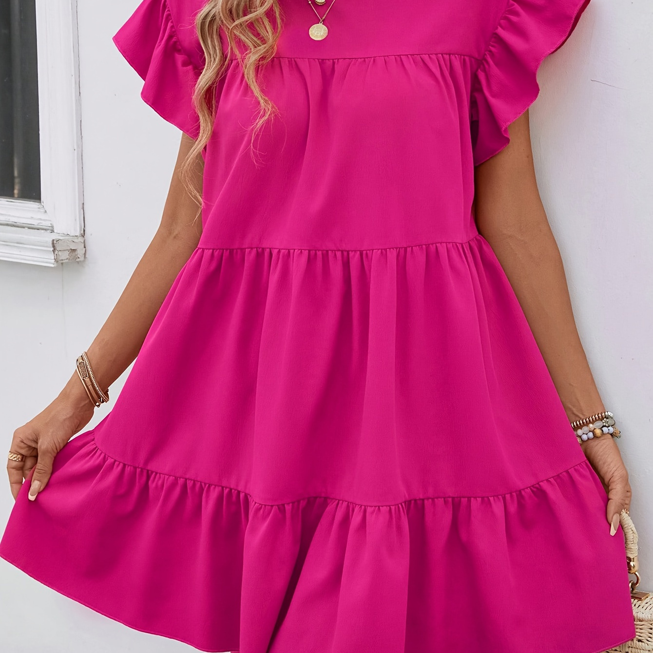 

Solid Crew Neck Tiered Dress, Casual Flutter Sleeve Loose Dress For Spring & Summer, Women's Clothing